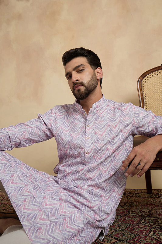Ethnic Bay Lavender  Linen Printed Straight Kurta With Trousers MKSET1757