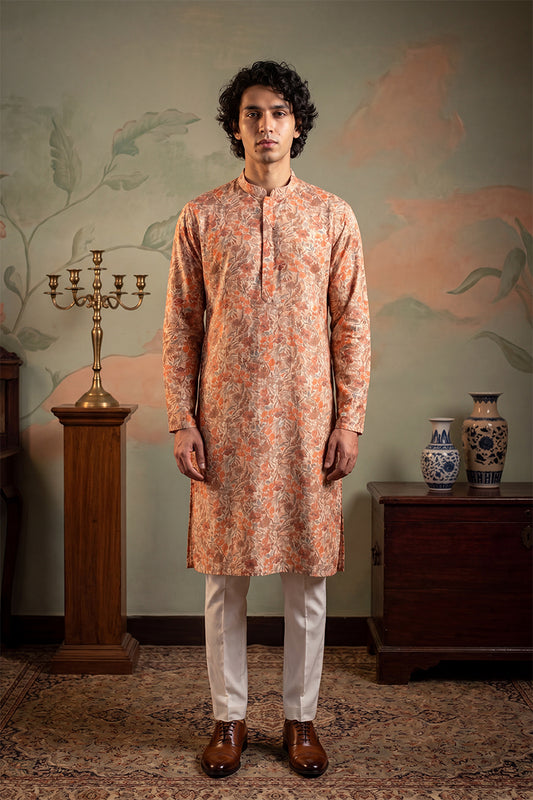 Ethnic Bay Mens Multi Viscose Rayon Embroidered Calf Length Straight Regular Kurta With Trouser MKSET1759