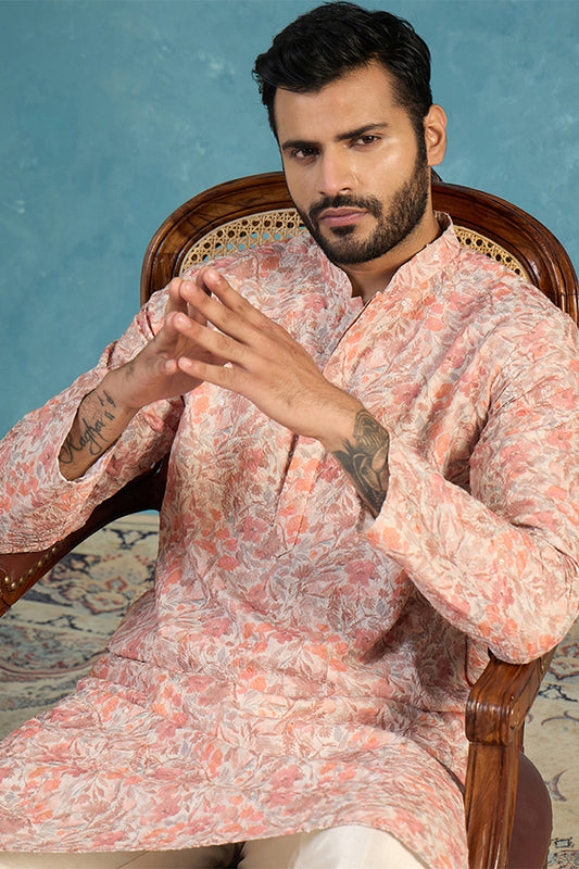 Ethnic Bay Mens Multi Viscose Rayon Embroidered Calf Length Straight Regular Kurta With Trouser MKSET1759