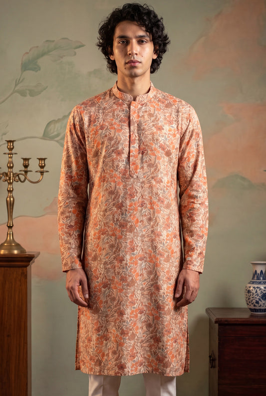 Ethnic Bay Mens Multi Viscose Rayon Embroidered Calf Length Straight Regular Kurta With Trouser MKSET1759