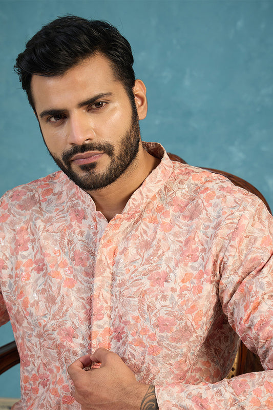 Ethnic Bay Mens Multi Viscose Rayon Embroidered Calf Length Straight Regular Kurta With Trouser MKSET1759