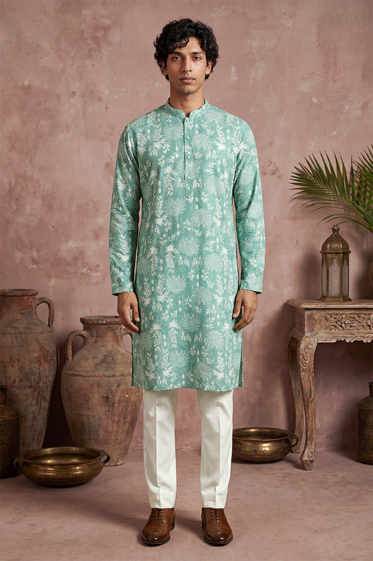 Ethnic Bay Mens Teal Viscose Rayon Embroidered Calf Length Straight Regular Kurta With Trouser MKSET1765