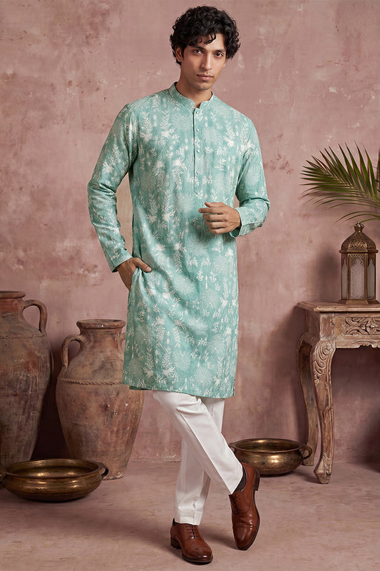 Ethnic Bay Mens Teal Viscose Rayon Embroidered Calf Length Straight Regular Kurta MKU1765