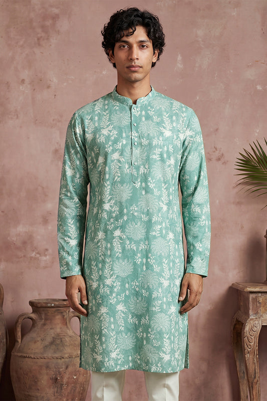Ethnic Bay Mens Teal Viscose Rayon Embroidered Calf Length Straight Regular Kurta With Trouser MKSET1765