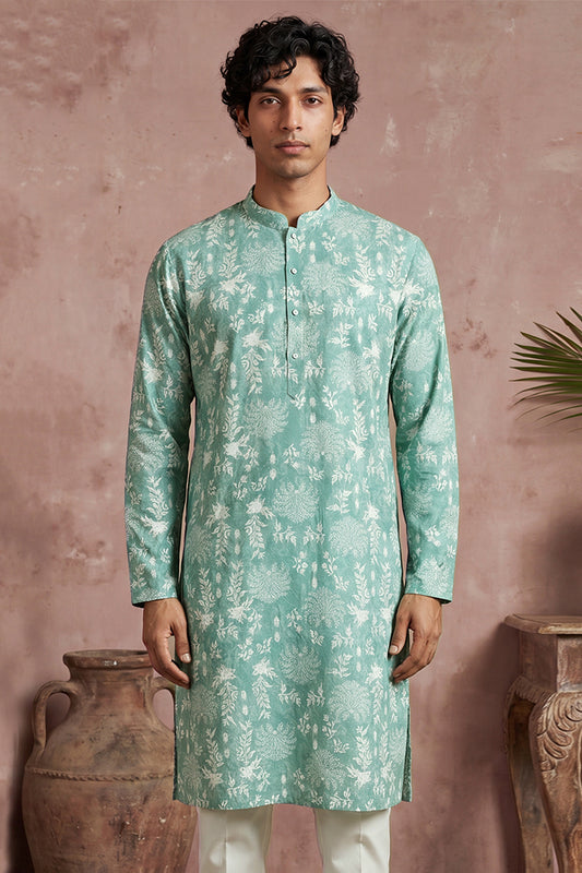 Ethnic Bay Mens Teal Viscose Rayon Embroidered Calf Length Straight Regular Kurta MKU1765