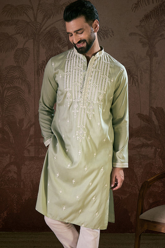Green Silk Blend Solid Embroidered Straight Kurta MKU1787
