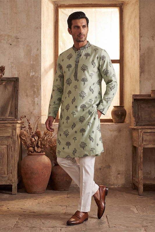 Ethnic Bay Mens Silk Blend Embroidered Solid Green Kurta With Trousers MKSET1803