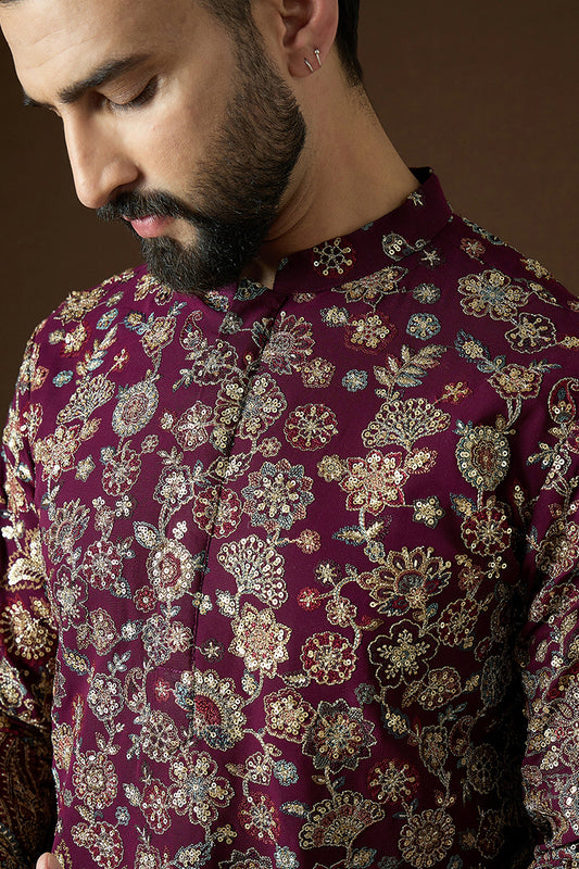 Wine Georgette Solid Embroidered Straight Kurta MKU1863