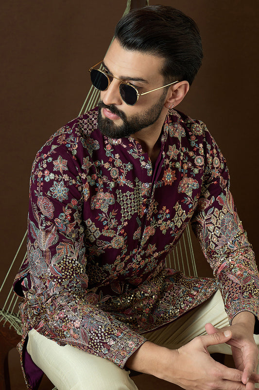 Wine Georgette Solid Embroidered Straight Kurta MKU1864
