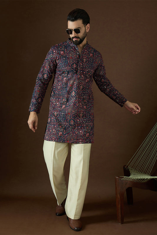 Ethnic Bay Mens Blue Georgette Solid Embroidered Kurta With Trouser MKSET1872