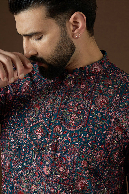 Ethnic Bay Mens Blue Georgette Solid Embroidered Kurta With Trouser MKSET1872