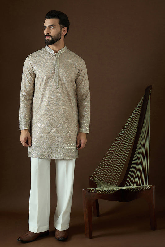 Beige Gerogrtte Solid Embroidered Straight Kurta MKU1875
