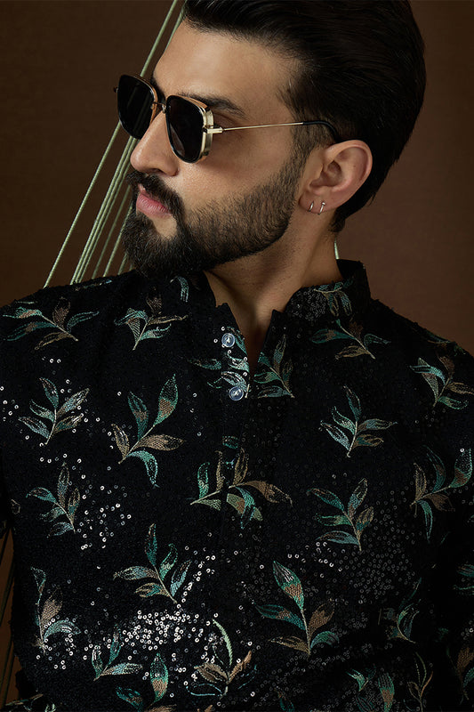 Black Silk Blend Solid Embroidered Straight Kurta MKU1876