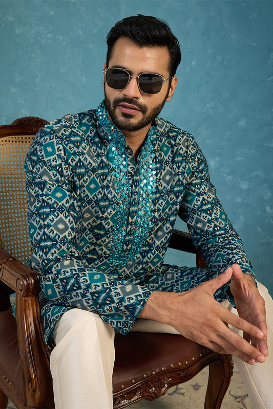 Ethnic Bay Mens Sea Green Silk Blend Ethnic Motifs Ikat Printed Kurta With Trouser MKSET1893