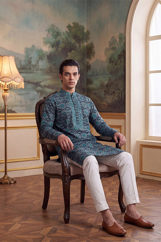 Ethnic Bay Mens Sea Green Silk Blend Ethnic Motifs Ikat Printed Kurta With Trouser MKSET1893