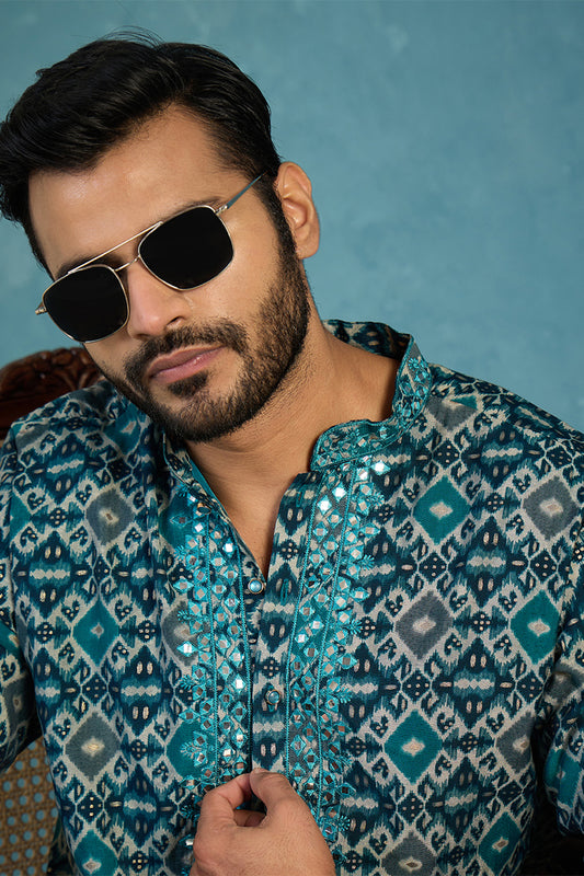 Ethnic Bay Mens Sea Green Silk Blend Ethnic Motifs Ikat Printed Kurta With Trouser MKSET1893