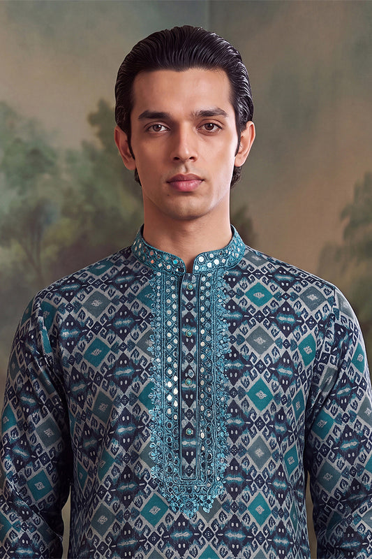 Ethnic Bay Mens Sea Green Silk Blend Ethnic Motifs Ikat Printed Kurta MKU1893