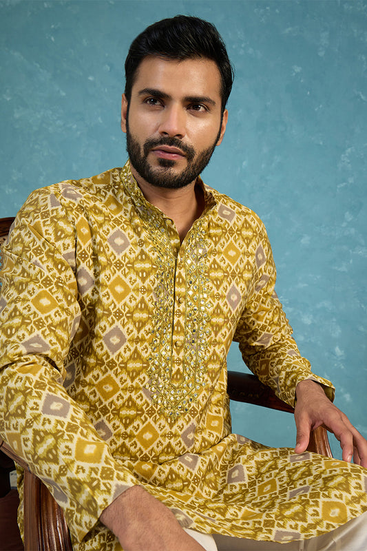 Ethnic Bay Mens Yellow Silk Blend Ethnic Motifs Ikat Printed Kurta With Trouser MKSET1894