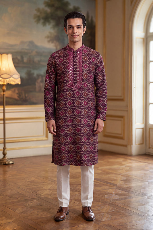Ethnic Bay Mens Purple Silk Blend Ethnic Motifs Ikat Printed Kurta With Trouser MKSET1895