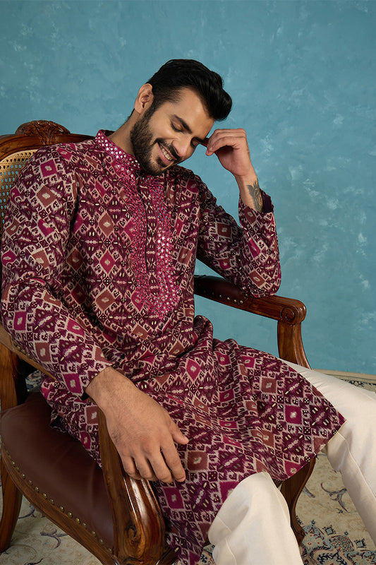 Ethnic Bay Mens Purple Silk Blend Ethnic Motifs Ikat Printed Kurta With Trouser MKSET1895