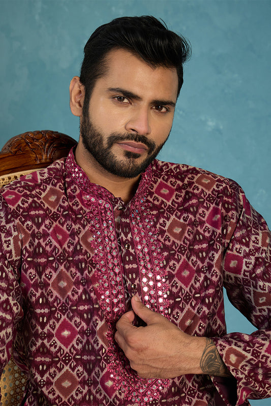 Ethnic Bay Mens Purple Silk Blend Ethnic Motifs Ikat Printed Kurta With Trouser MKSET1895