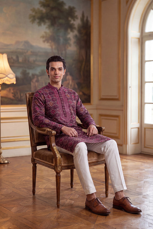 Ethnic Bay Mens Purple Silk Blend Ethnic Motifs Ikat Printed Kurta MKU1895