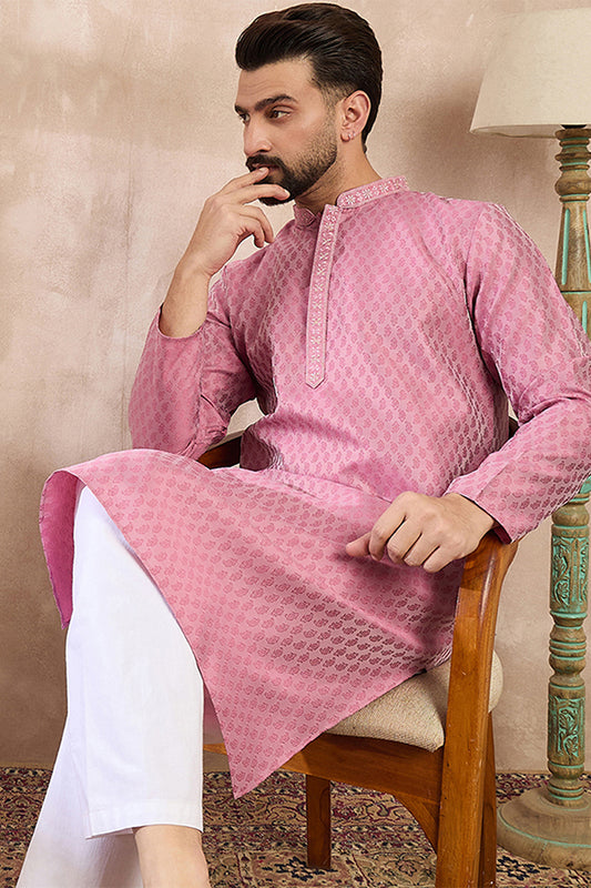Pink Silk Blend Solid Woven Design Straight Kurta With Trouser MKSET1898
