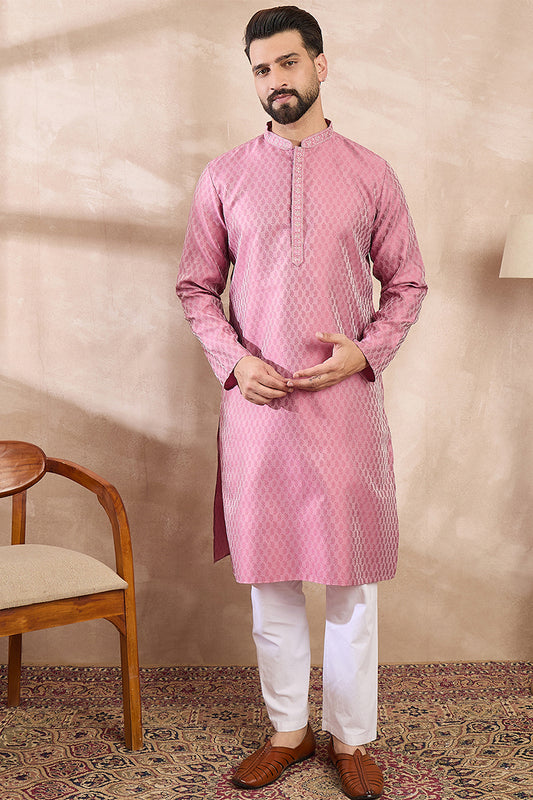 Pink Silk Blend Solid Woven Design Straight Kurta With Trouser MKSET1898