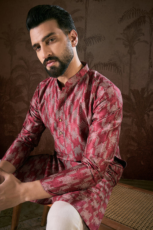 Maroon Silk Blend Chevron Printed Straight Kurta MKU1904