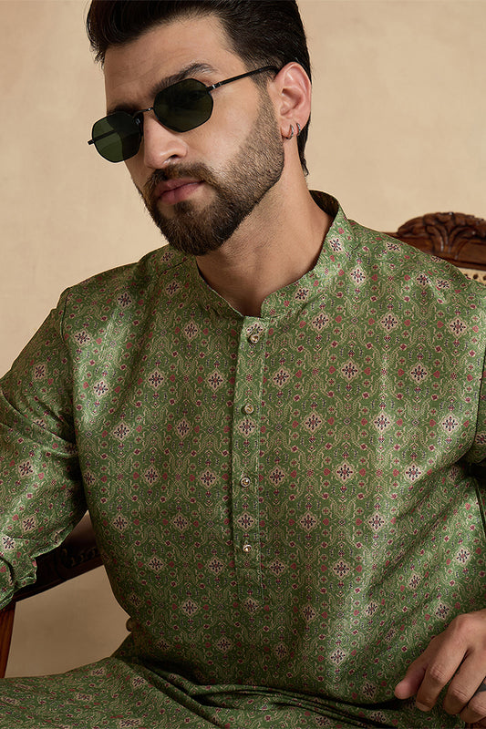 Green Silk Blend Printed Straight Kurta MKU1910