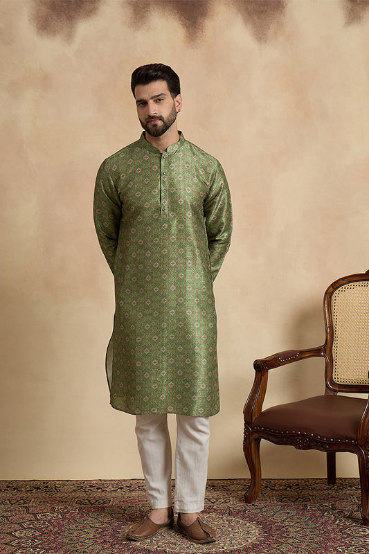 Green Silk Blend Printed Straight Kurta MKU1910