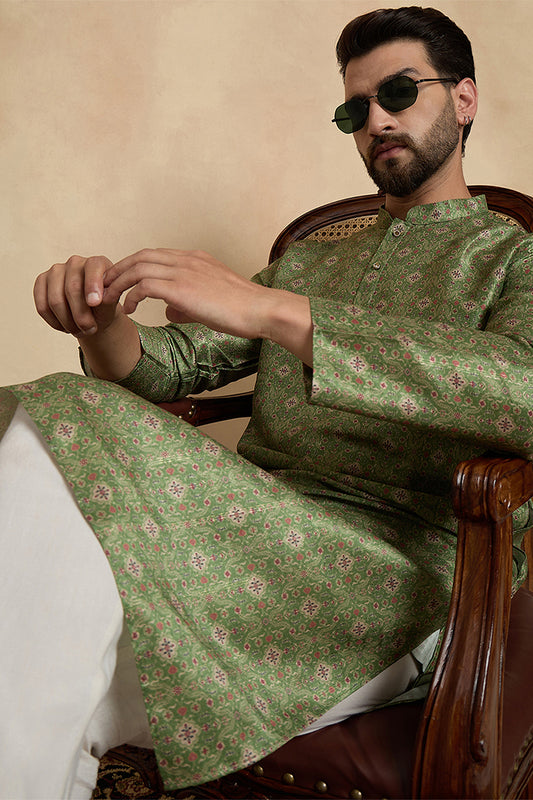 Green Silk Blend Printed Straight Kurta MKU1910