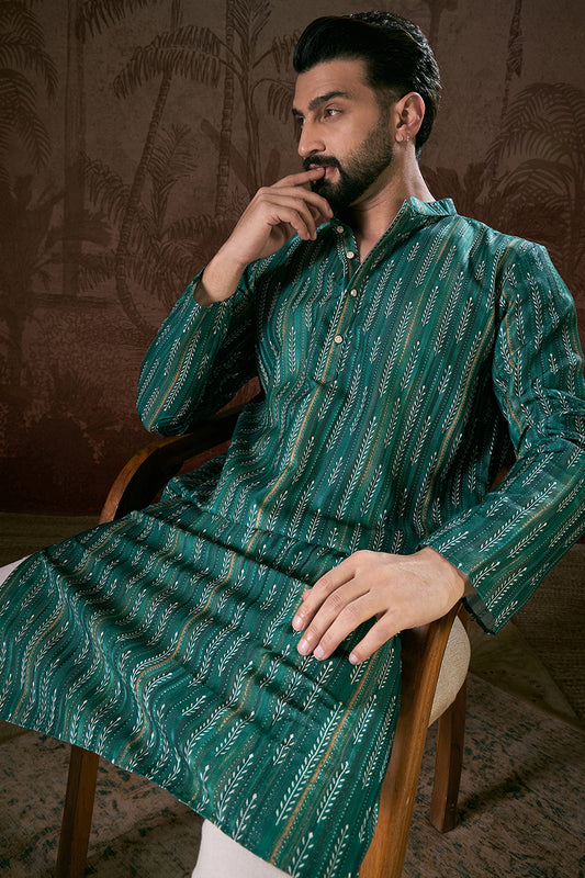 Turquoise Blue Silk Blend Floral Printed Straight Kurta With Trouser MKSET1921