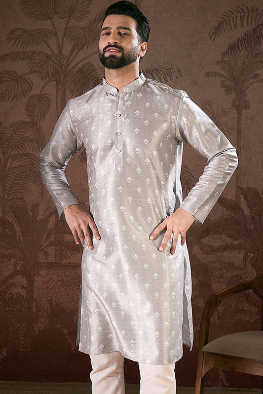 Grey Silk Blend Floral Printed Straight Kurta MKU1923