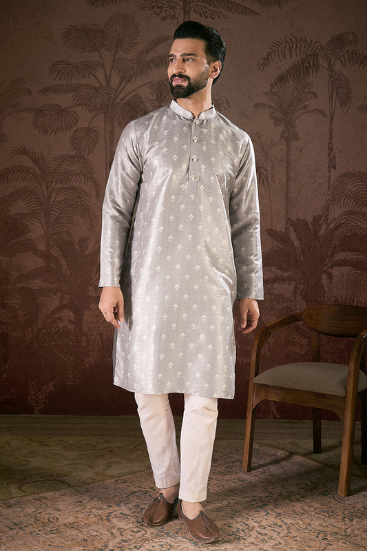 Grey Silk Blend Floral Printed Straight Kurta MKU1923