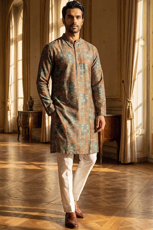 Ethnic Bay Blue Silk Blend Printed Straight Kurta MKU1934