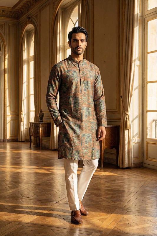 Ethnic Bay Blue Silk Blend Printed Straight Kurta With Trousers MKSET1934
