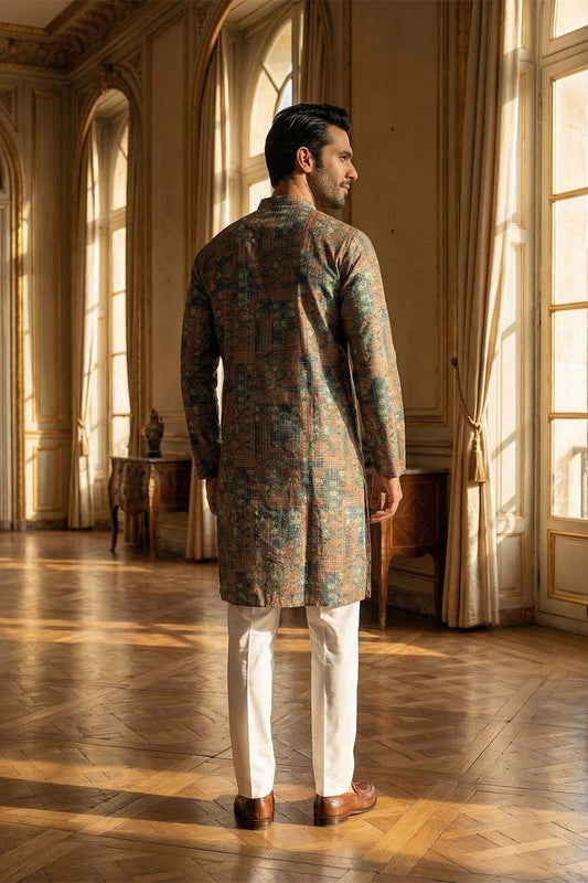 Ethnic Bay Blue Silk Blend Printed Straight Kurta With Trousers MKSET1934