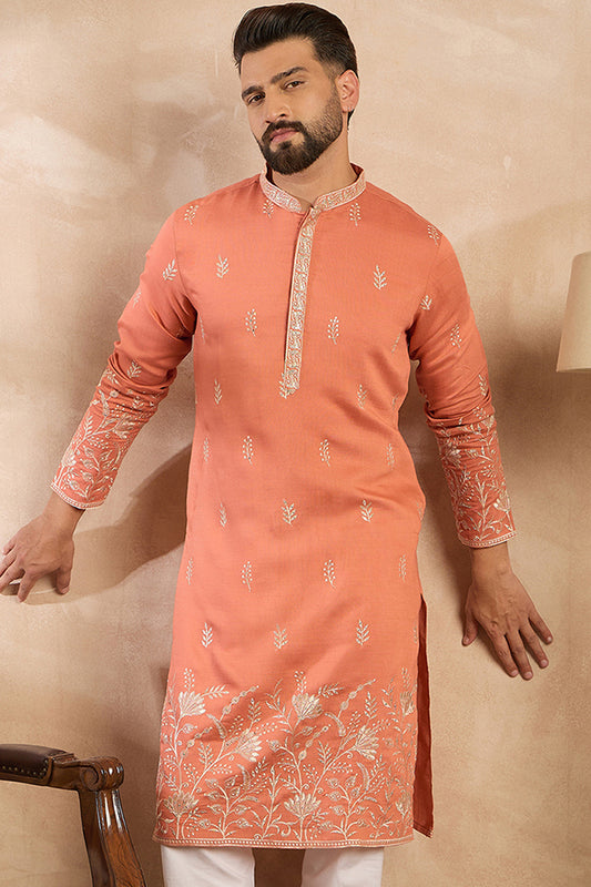 Peach Vartican Solid Embroidered Straight Kurta MKU1935