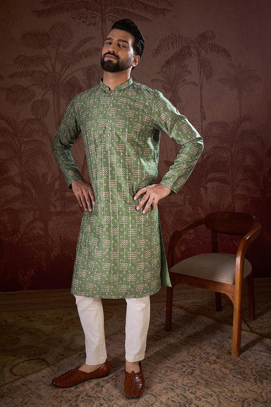 Green Silk Blend Ethnic Motifs Printed Straight Kurta With Trouser MKSET1951