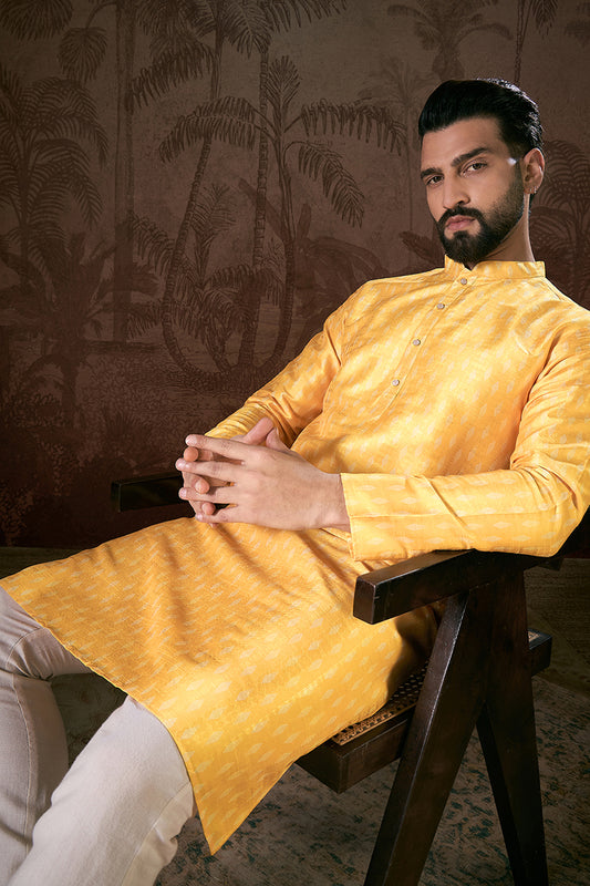 Yellow Silk Blend Ethnic Motifs Printed Straight Kurta With Trouser MKSET1952