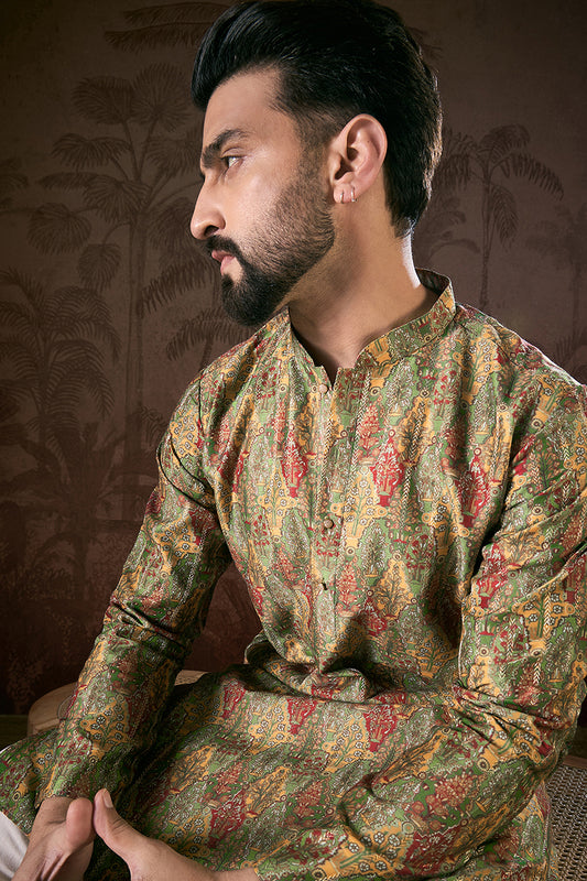 Green Silk Blend Floral Printed Straight Kurta MKU1953