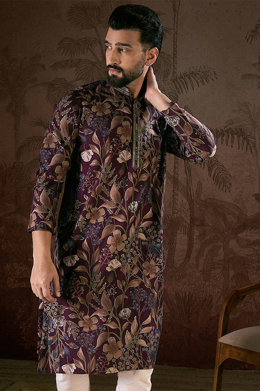 Purple Silk Blend Floral Printed Straight Kurta With Trouser MKSET1957