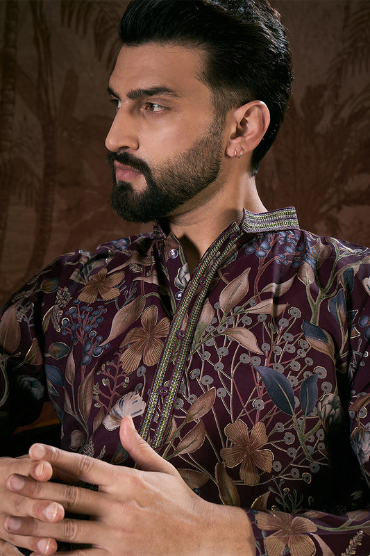 Purple Silk Blend Floral Printed Straight Kurta With Trouser MKSET1957