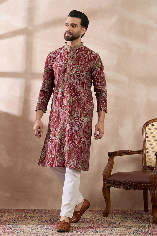 Red Silk Blend Printed Mandarin Collar Straight Kurta With Trouser MKSET1959