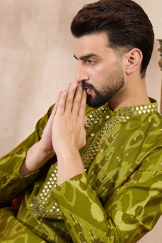 Green Viscose Rayon Chevron Printed Straight Kurta With Trouser MKSET1965