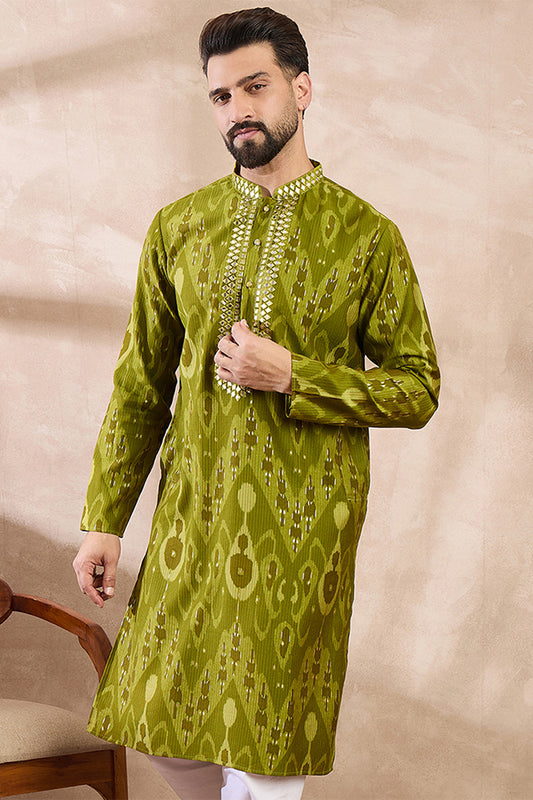 Green Viscose Rayon Chevron Printed Straight Kurta With Trouser MKSET1965