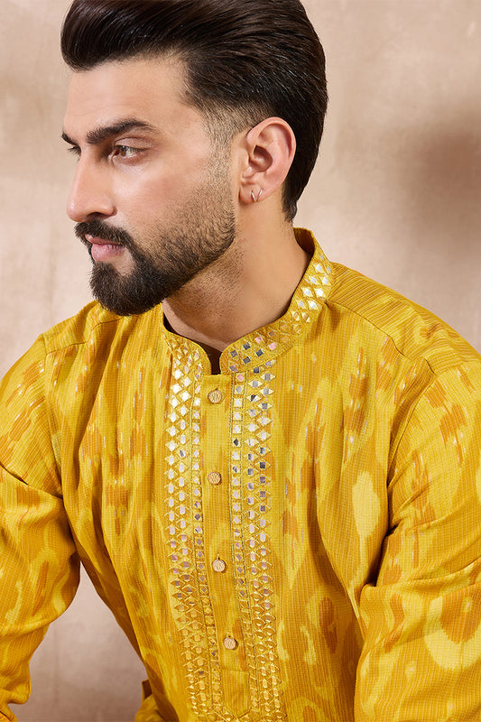 Yellow Viscose Rayon Chevron Printed Straight Kurta With Trouser MKSET1966