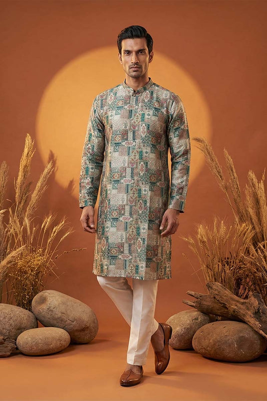 Ethnic Bay Multi Silk Blend Printed Straight Kurta With Trousers MKSET1973