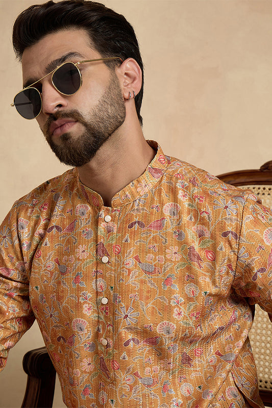 Ethnic Bay Mustard Silk Blend Printed Straight Kurta With Trousers MKSET1976